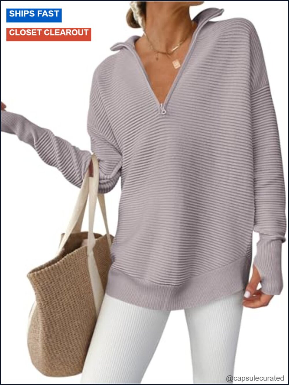 Loose Fit Quarter Zip Pullover Sweater with Thumb Holes